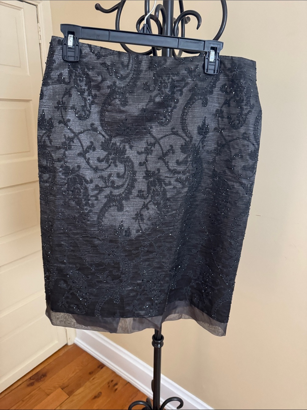 Lillie Rubin vintage Black Beaded Brocade Pencil Skirt